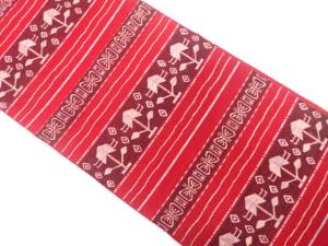 アンティーク　横段に花更紗模様織り出し紬名古屋帯（着用可）